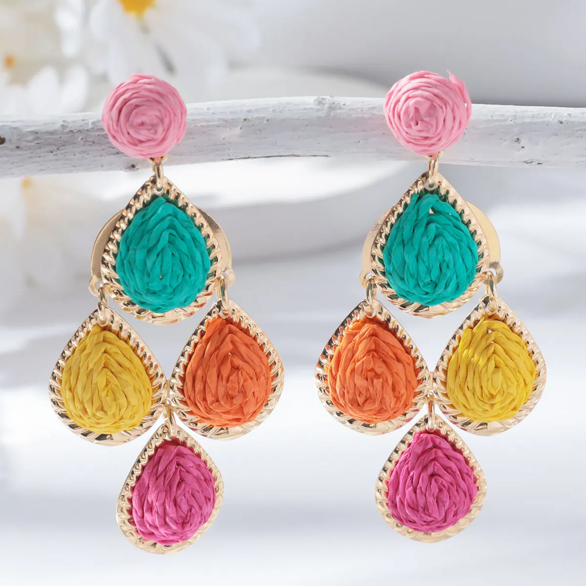Bohemain Fashion Handmade Water Drop Long Earrings for Women Colorful Rattan Knit Raffia Hanging Earring Party Jewelry Accessory