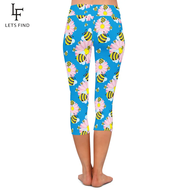 LETSFIND Summer New Women Stretch Capri Pants High Quaility 3D Cute Bees Print High Waist Mid-Calf Casual Leggings