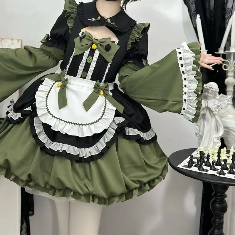 Lovely Flare Sleeve Bud Casual Cute Dress Patchwork Lace Panelled Slim Waist Robe Exquisite Preppy Style Japanese Moda Vestidos