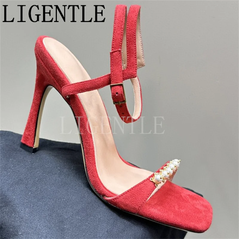 

Summer Sexy High Heel Pearl Decoration Sandals Women Suede Leather Fashion Casual Sandals Women Ankle Strap Party Dress Shoes