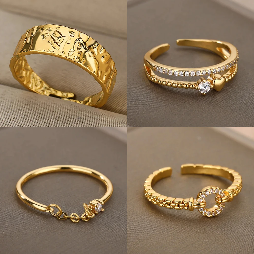 Gold Color Rings Stainless Steel Open Adjustable Retro Wide Textured Rings for Women Gothic Punk Hip Hop Jewelry