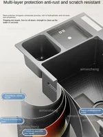 Waterfall Large Single Sink Kitchen Stainless Steel with Trash Can Multifunctional Vegetable and Dishwashing Basin Sink 2