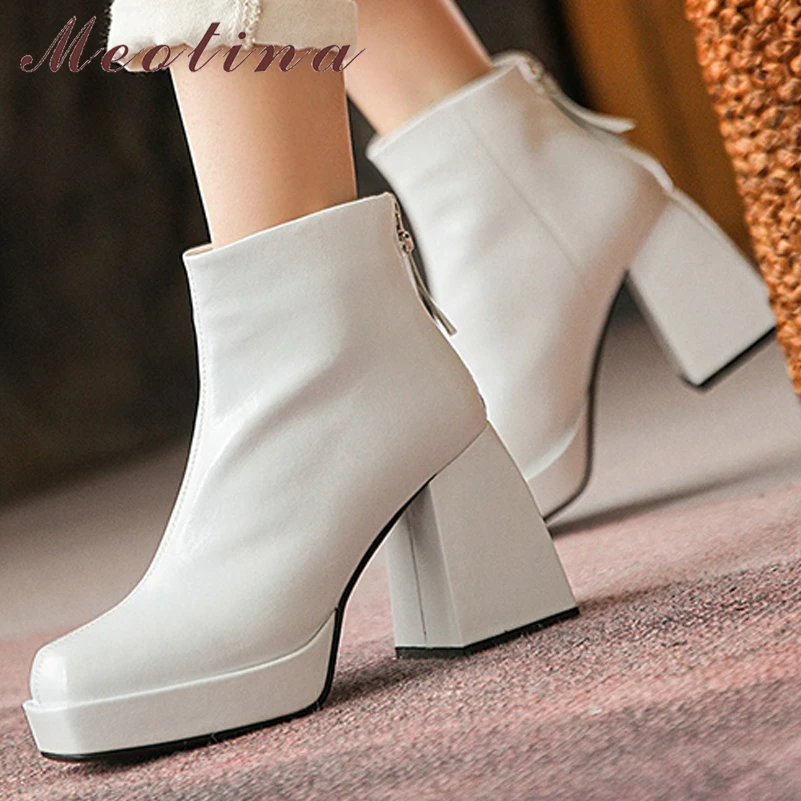 

Meotina Women Genuine Leather Ankle Boots Square Toe Platform Thick High Heel Zipper Lady Fashion Short Boot Autumn Winter Shoes