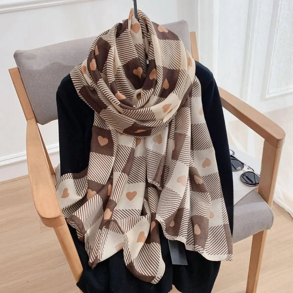

Thickened Cold Resistant Breathable Thermal Scarf Fashion Heart Plaid Print Long Warm Shawl Neck Decoration