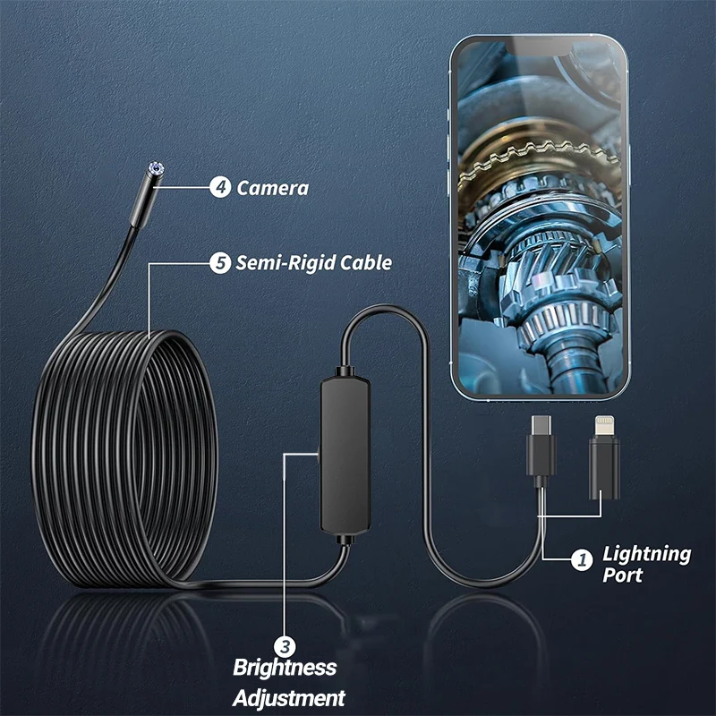 8mm Endoscope Camera For iPhone iPad IOS & Android Type-c Led Light IP67 Borescope Industry Inspection Camera With Semi-Rigid 3