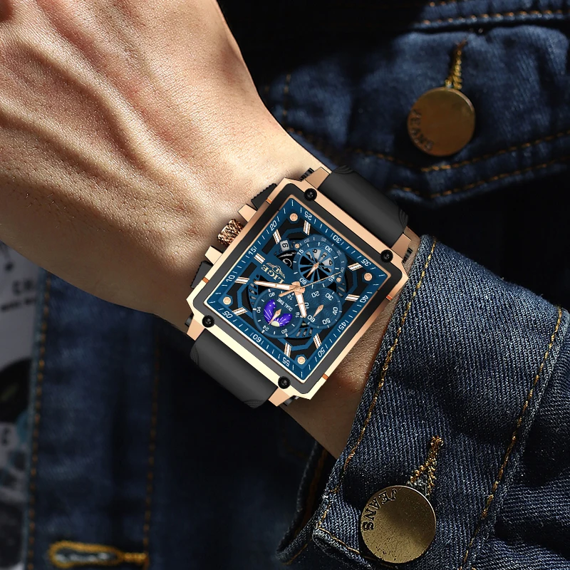 LIGE New Outdoor Sports Watches For Men Military Waterproof Men's Quartz Wristwatch Fashion Silicone Square Date Chronograph