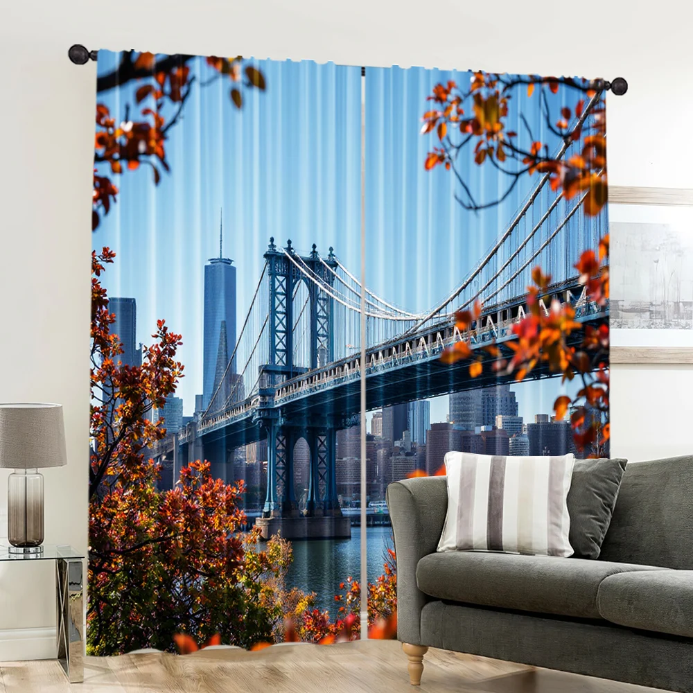 2pcs, 2D flat Party Curtains Bridge and New York Skyline Durable Polyester,Without Electricity Party Decorations Suitable for 6