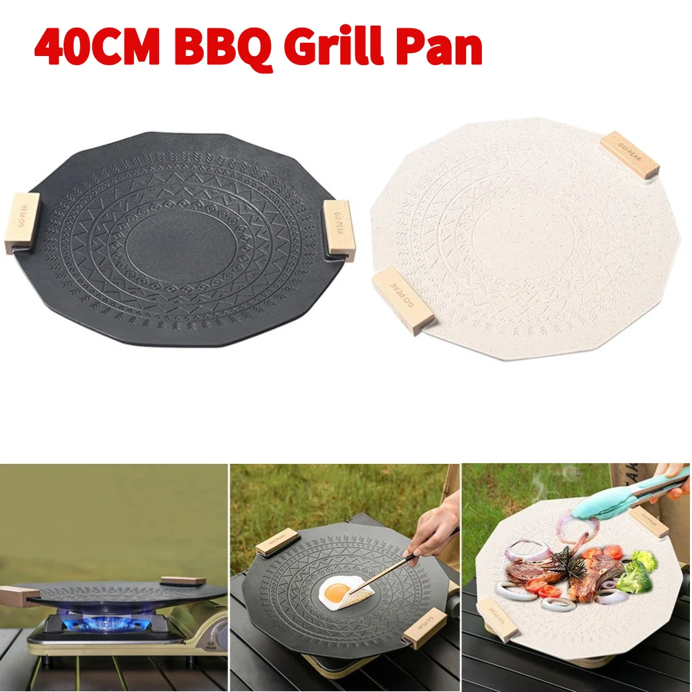 

Camping Grill Plate Heat-resistant Cooking Frying Plate Portable Grill Barbecue Pan Wooden Handle for Indoor Outdoor Grilling