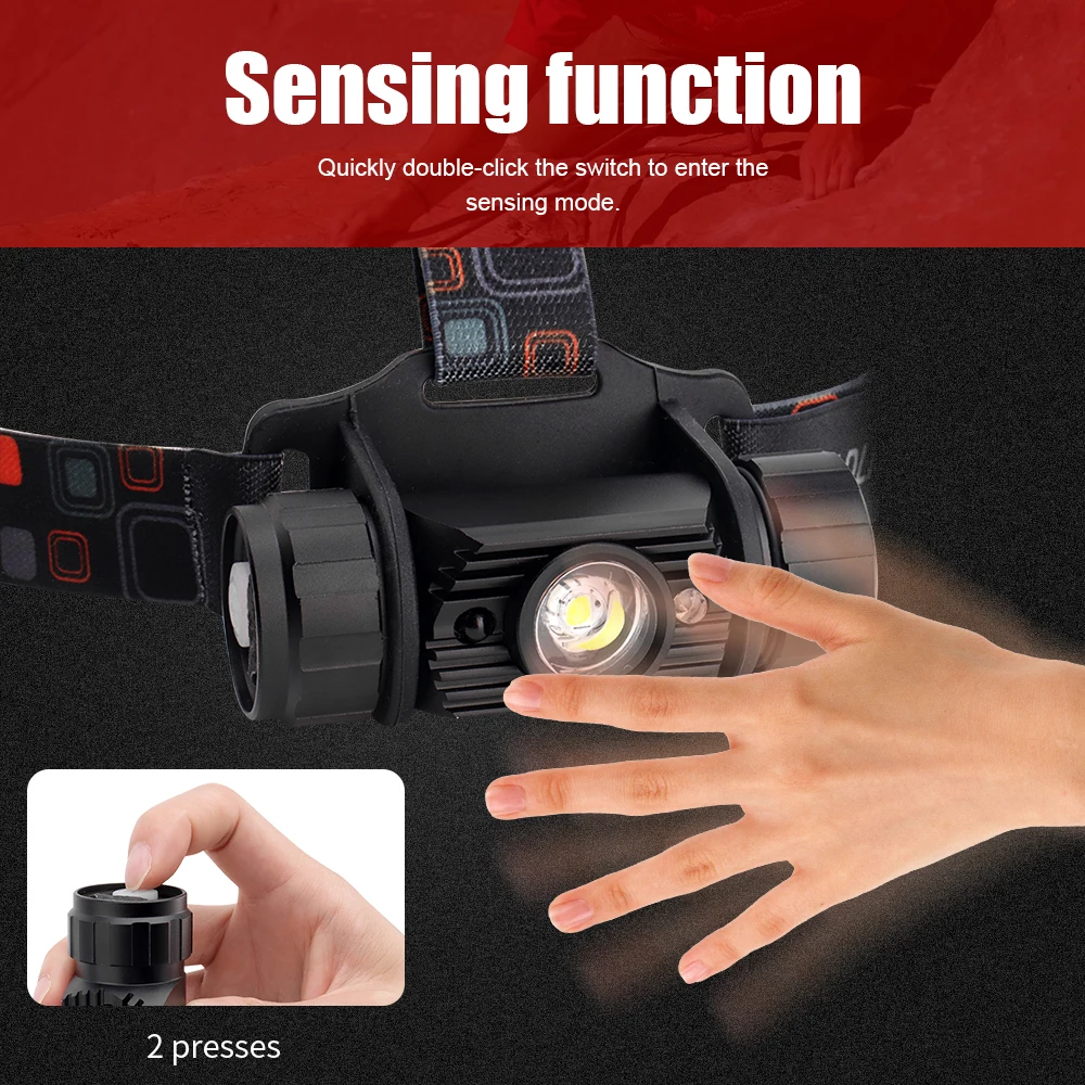 Head Flashlight BORUiT IR Sensor LED Headlamp 18650 Battery USB Rechargeable Waterproof Work Torch Fishing Camping