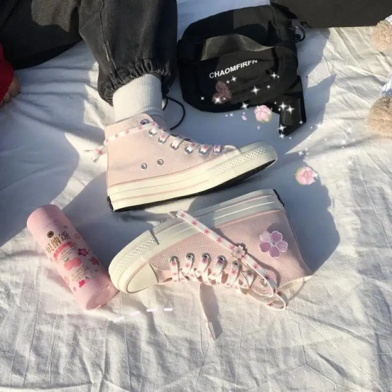

New Kawaii Canvas Shoes Cherry Blossom Series Cartoon Student High Top Breathable Casual Shoes Cute Girls Outdoor Flat Shoes