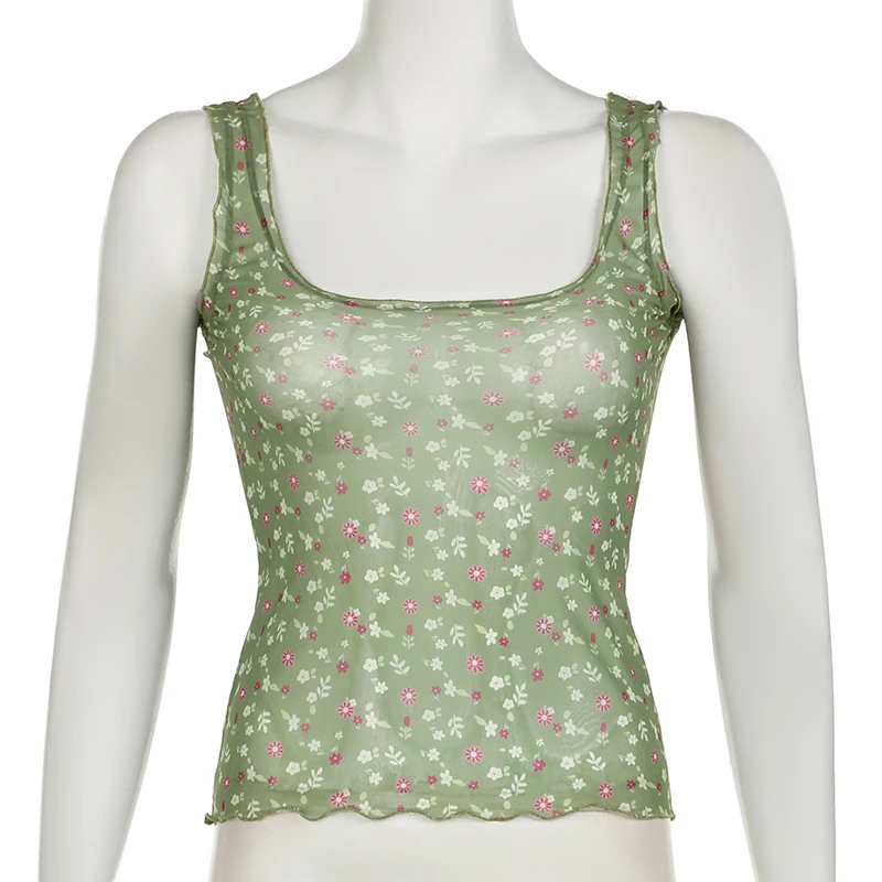 Camiseta sin mangas de malla transparente con estampado floral para mujer, camiseta de verano ajustada Y2K con cuello cuadrado vintage, camiseta sexy de moda