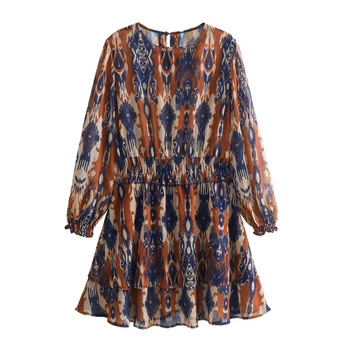 

Женское мини-платье с круглым вырезом, длинным рукавом и принтом