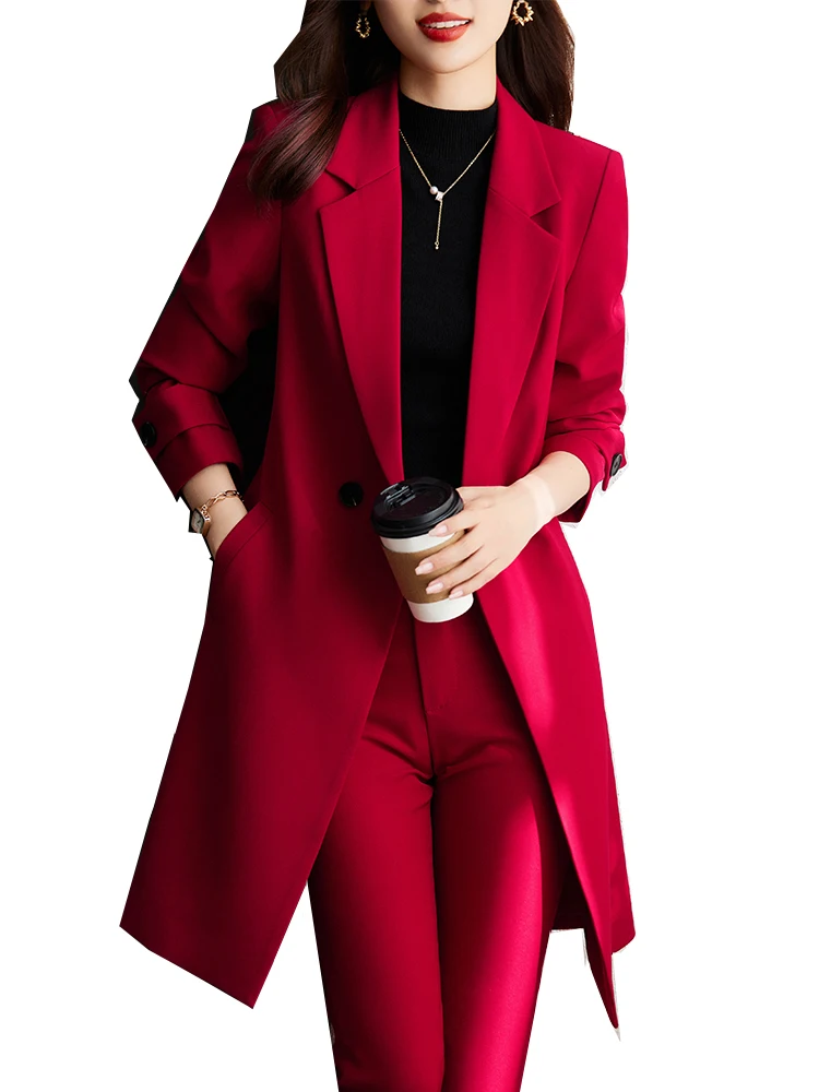 

Autumn Winter Women Work Business Wear Pant Suit Red Blue Black Long Blazer Set Female Office Ladies Jacket and Trouser 2 Pieces