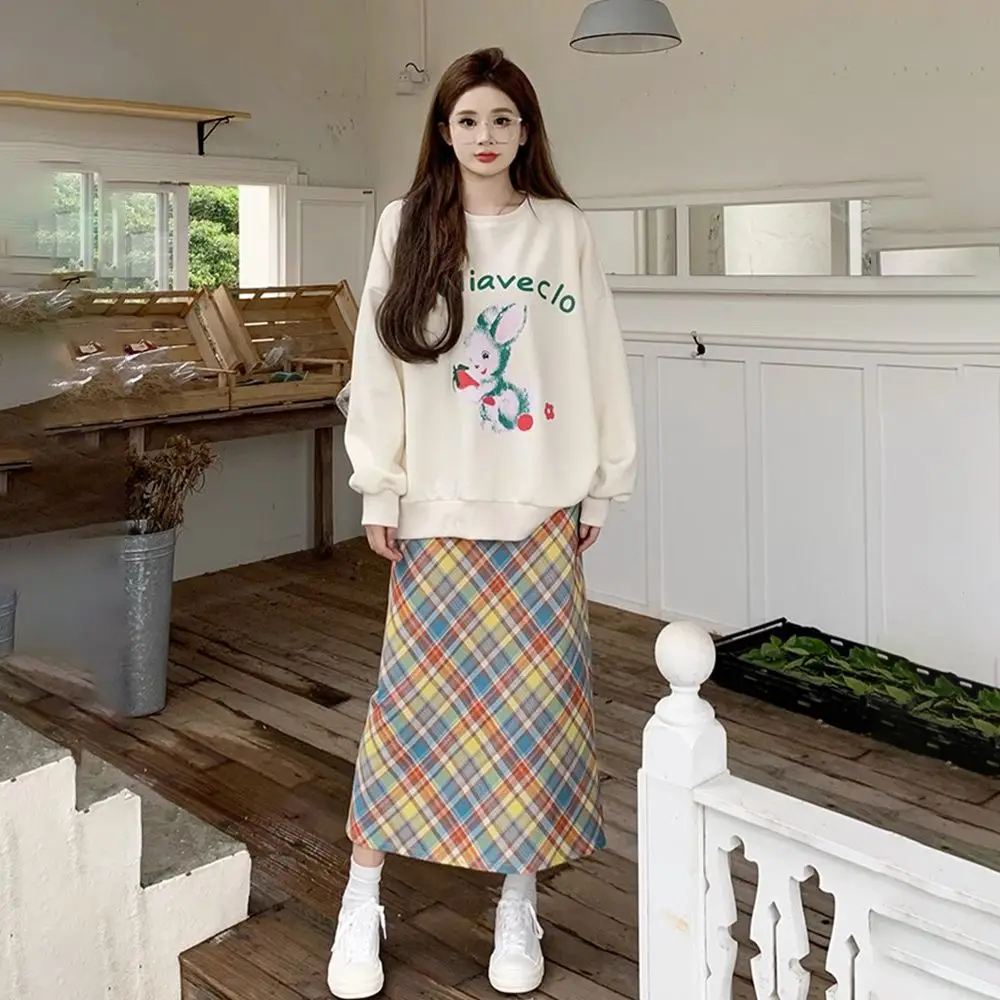 Contrast Skirt SuitRainbow Plaid Skirt Slim Mid-Length Style Elegant For Women Long Skirts For Women Fashion Autumn And Winter