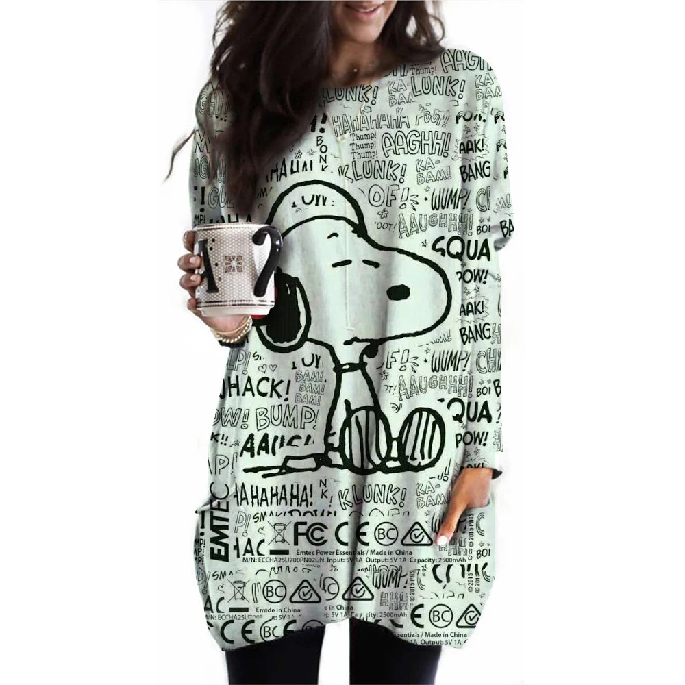 thumbnail image 1 of Camiseta de manga larga con cuello redondo para mujer, de primavera y otoño, talla grande 3XL, informal, holgada, con bolsillo, de Snoopy, 1 of 5
