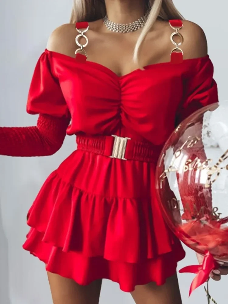 

Chain Strap Sexy Off Shoulder Ruffles Mini Dress with Belt Women Puffed Long Sleeve Party Dress