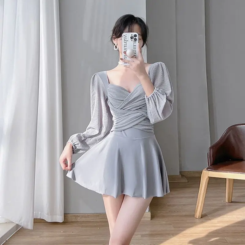 2023 Summer Beach Style Simple Square Neck Gathered High Waisted Long Sleeved Sun Protection Pure Desire Vacation Dress Swimwear