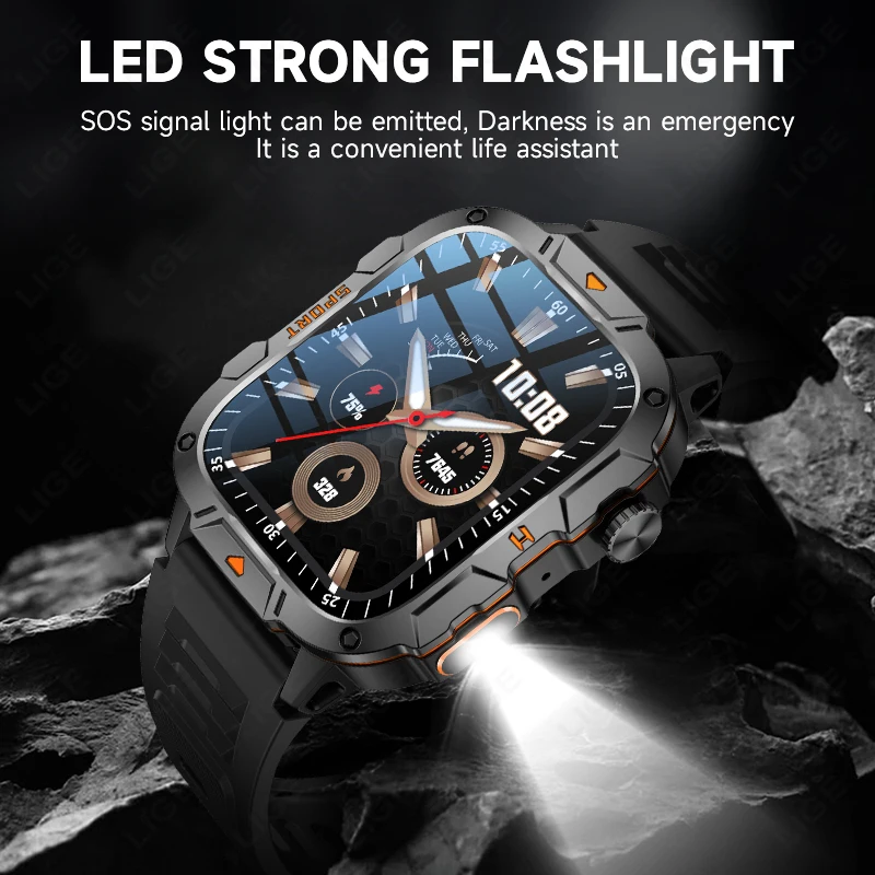 LIGE 2025 Rugged Military Smart Watch Men's Outdoor Watch1.96" HD Touch Screen LED Flashlight Voice Bluetooth Call Smartwatch
