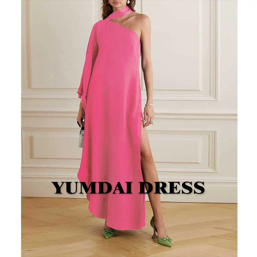 

YUMDAI Pink Crepe Long Sleeve Shawl Evening Gown Elegant Floor-length Peplum Cotillion Dress Haute Couture Gorgeous Dubai Gown