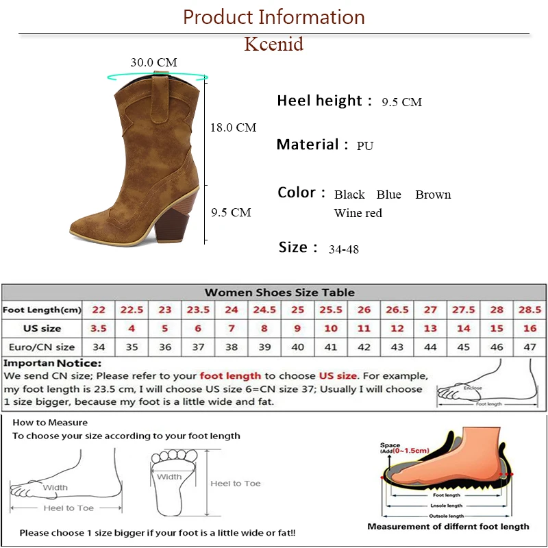 Kcenid Plus Size 48 New Ladies Pointed Toe Cowboy Boots Fashion Denim Chunky High Heels women's Boots Party Sexy Woman Shoes