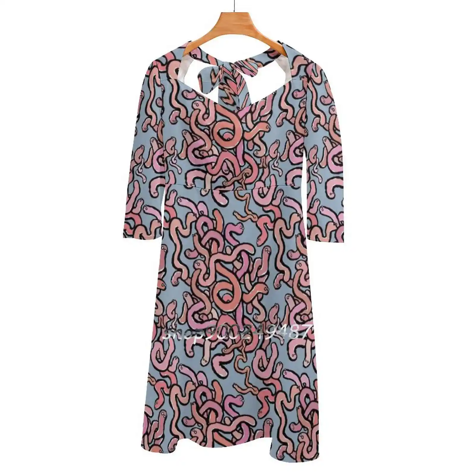 

A Tangle Of Worms Sweet Elegant Dress Women Korean Kawaii Square Collar Dress Many Worms Worm Knot Tangle Mess Untidy