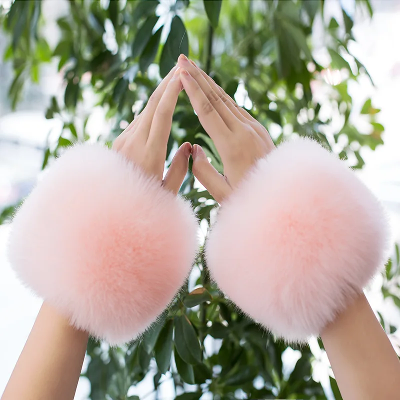 Women Knitted Faux Rabbit Fur Mittens Plush Glove Winter Warm Lady Fingerless Gloves Female Half Finger Touch Screen Work Gloves