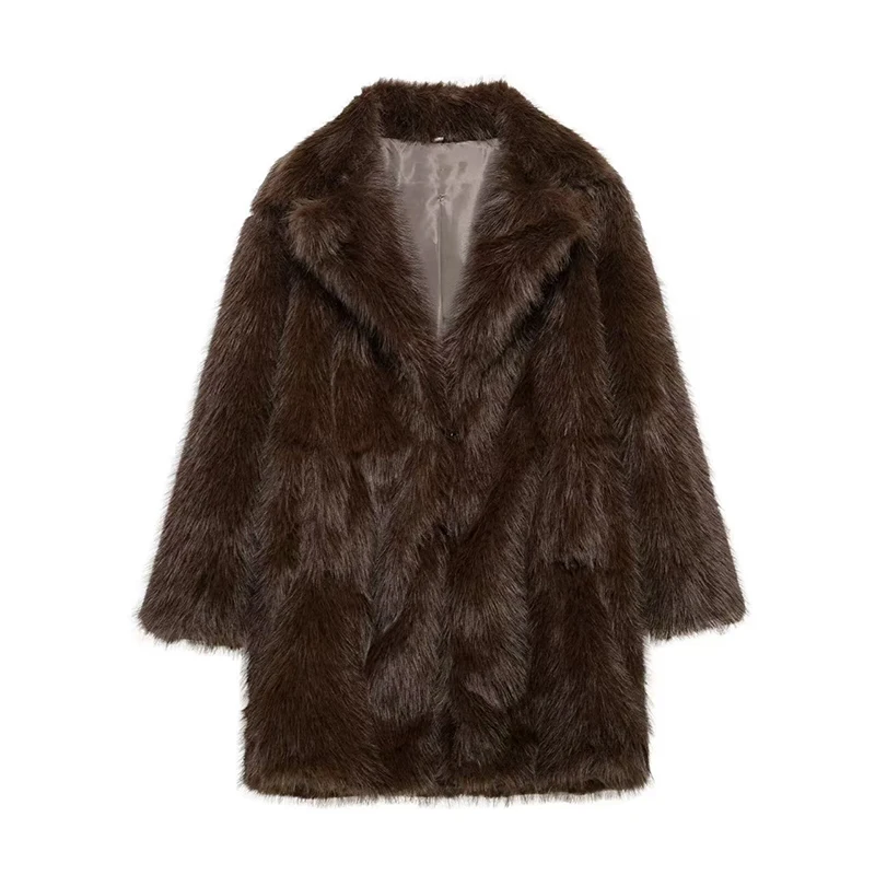 Chaqueta de piel sintética marrón de lujo para mujer, abrigo grueso y esponjoso de manga larga con solapa extragrande, ropa de calle cálida de lujo para invierno.