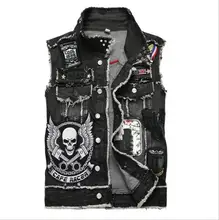 

2021 Mens Punk Denim Vests Black Skull Embroidery Denim Waistcoat Slim Fit Fashion Jeans Sleeveless Jacket Male Vest Tops