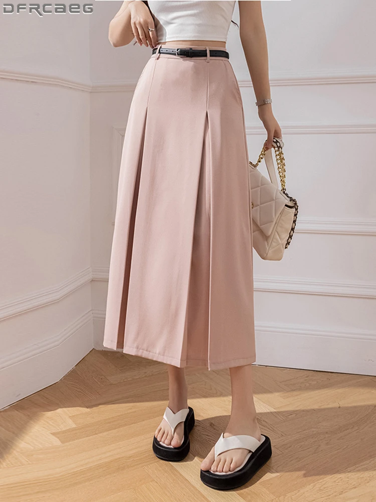 Spring Summer Straight Long Skirts For Women Elegant OL High Waist Loose Black Pink Skirt Korean Pleated Suit Jupe Longue Femme