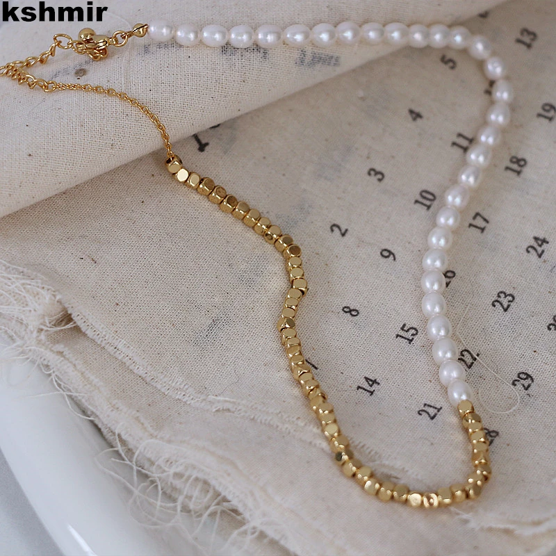 SUTTONRAL 14K Gold Oval Olive Bead & Freshwater Pearl Necklace - 18 Inch Adjustable Clavicle Chain - View #5