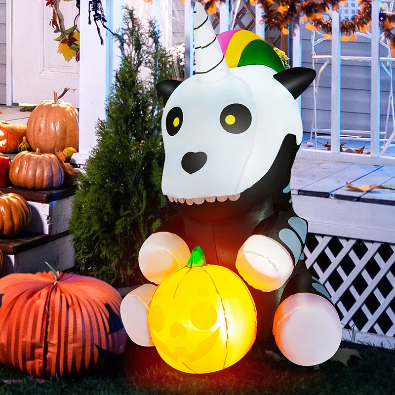 

5 Feet Halloween Inflatable Unicorn Skeleton with Pumpkin Lantern Funny Cartoon Design Party Supplies Decorations