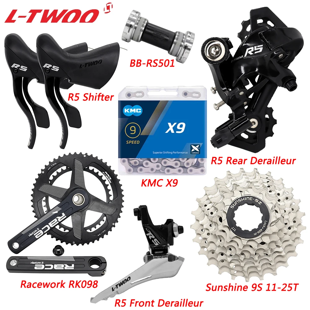 

LTWOO R5 2X9 Speed Derailleur Kit for Road Bike Racework Crankset RS501 Bottom KMC X9 Chain Sunshine Cassette 25/28/32T Parts