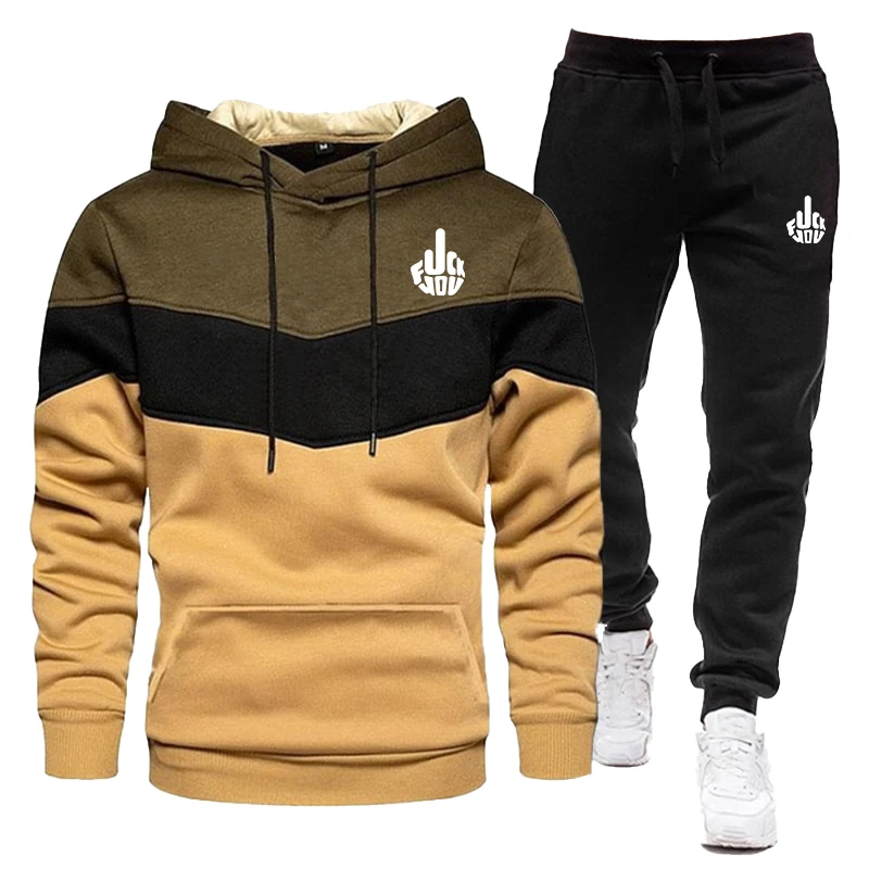 2023 New Fashion Printed Men's Sportswear Set Tri Color Panel Hoodie Guard Pants Two Piece Jogging Set Sportswear