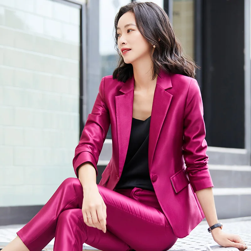 

Women's Autumn Commuter Satin Short Waist Wrapped Suit Straight Trouser Set Vintage Casual Suit Coat Long Pants Two Piece Set