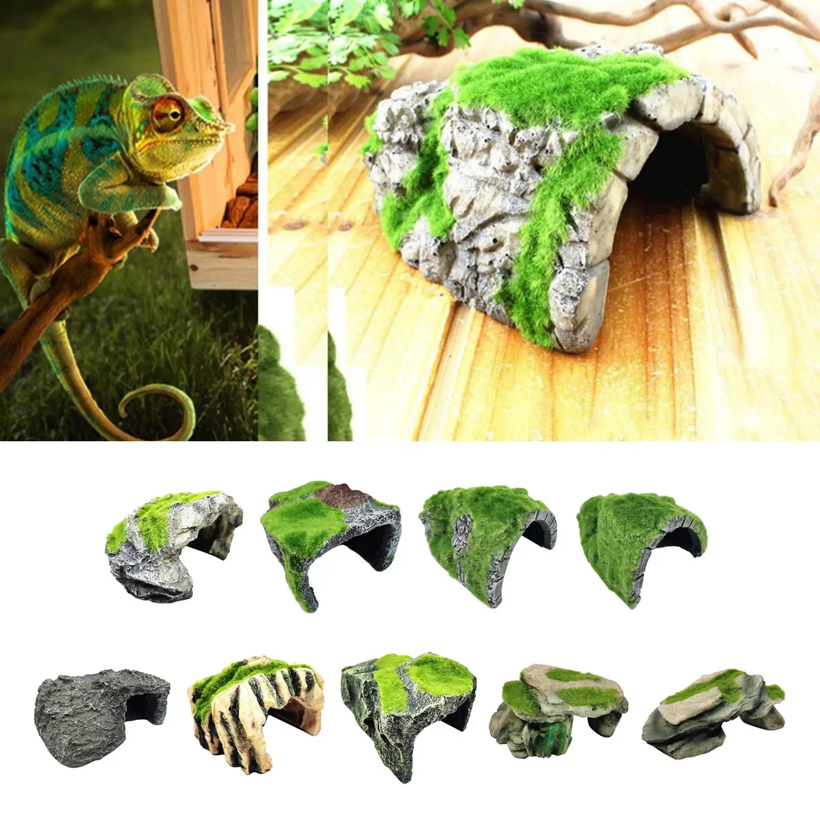 Simulate Moss Rockery Stone Reptile Hiding Cave Snake Turtle Hide Rest Fish Tank Landscaping Aquarium Decor