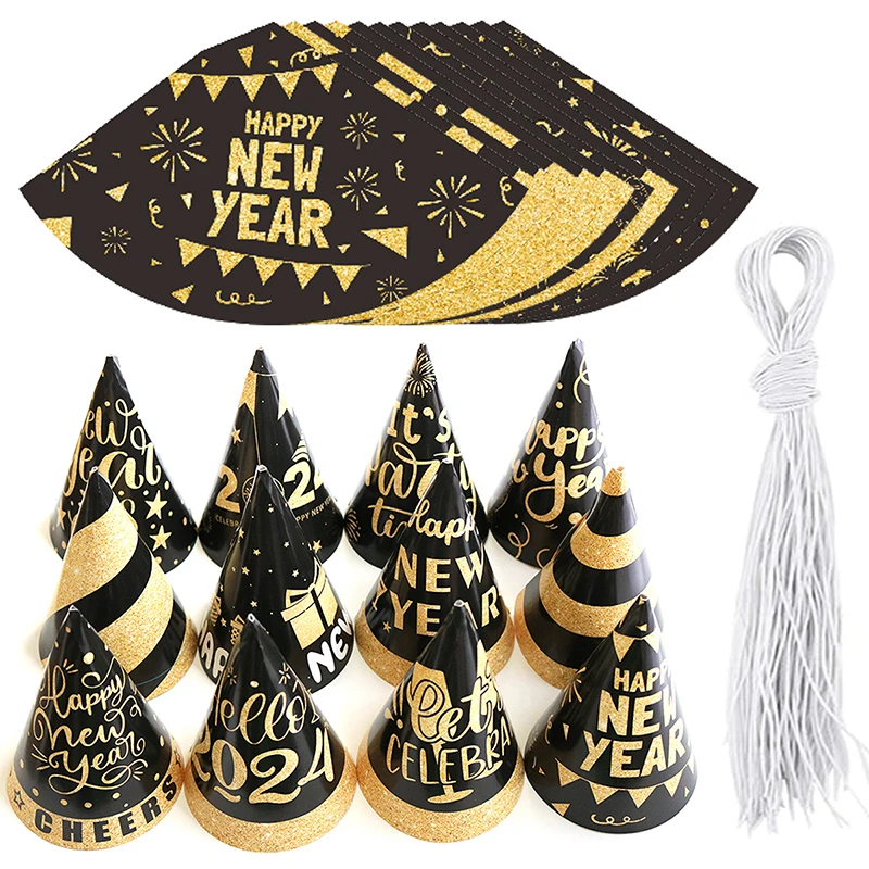 

6/12pcs Happy New Year Party Hats Cone Hats Black Crown 2024 New Year's Eve Party Decoration Supplies Photo Props Adults Gifts