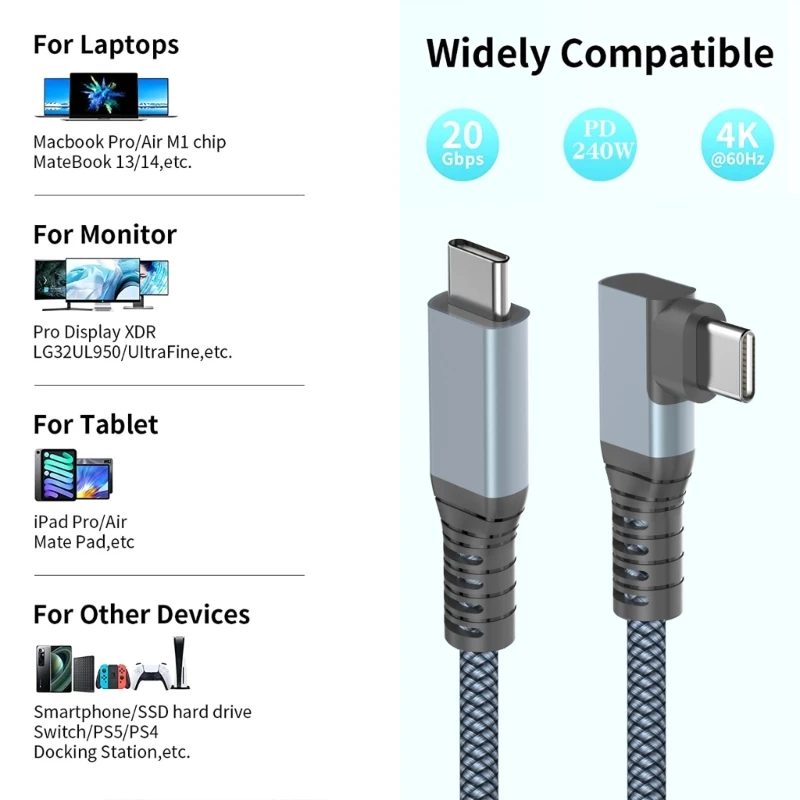 USB C Cable, USB C 3.2 Type to Type Cable, 240W 5A Fast Braided Cable for Mac Book, S20, T7 H8WD