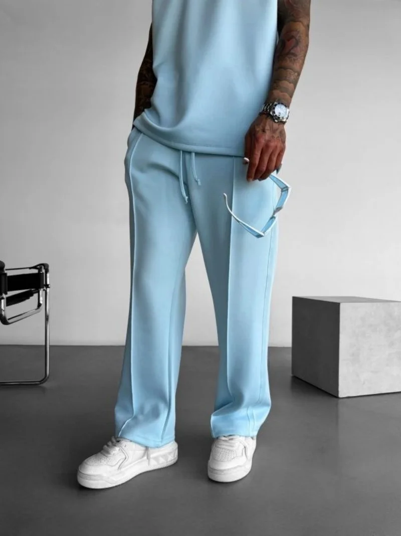 New men's casual pants, stylish and comfortable elastic waist drawstring single-line pleated solid color pocket mops pants 3