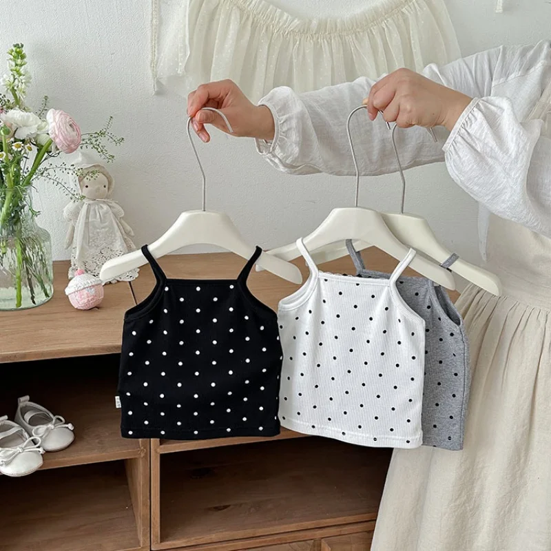 어린이 소녀 도트무늬 스파게티 스트랩 탑 여름 캐주얼 민소매 옷  레이스 트림 리본 코튼 통기성 좋은 캐미솔