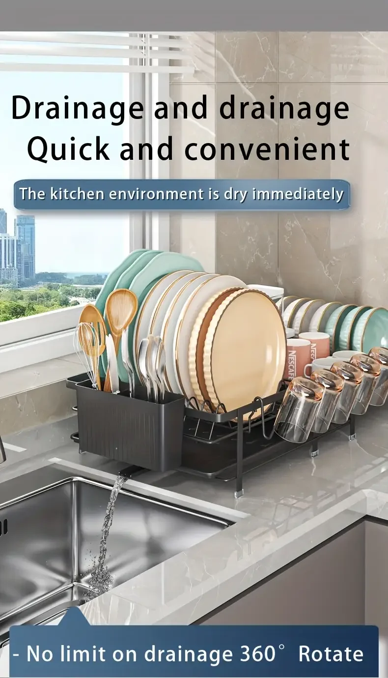 Expandable Dish Rack - Adjustable Kitchen Countertop Organizer with Utensil & Cup Holders