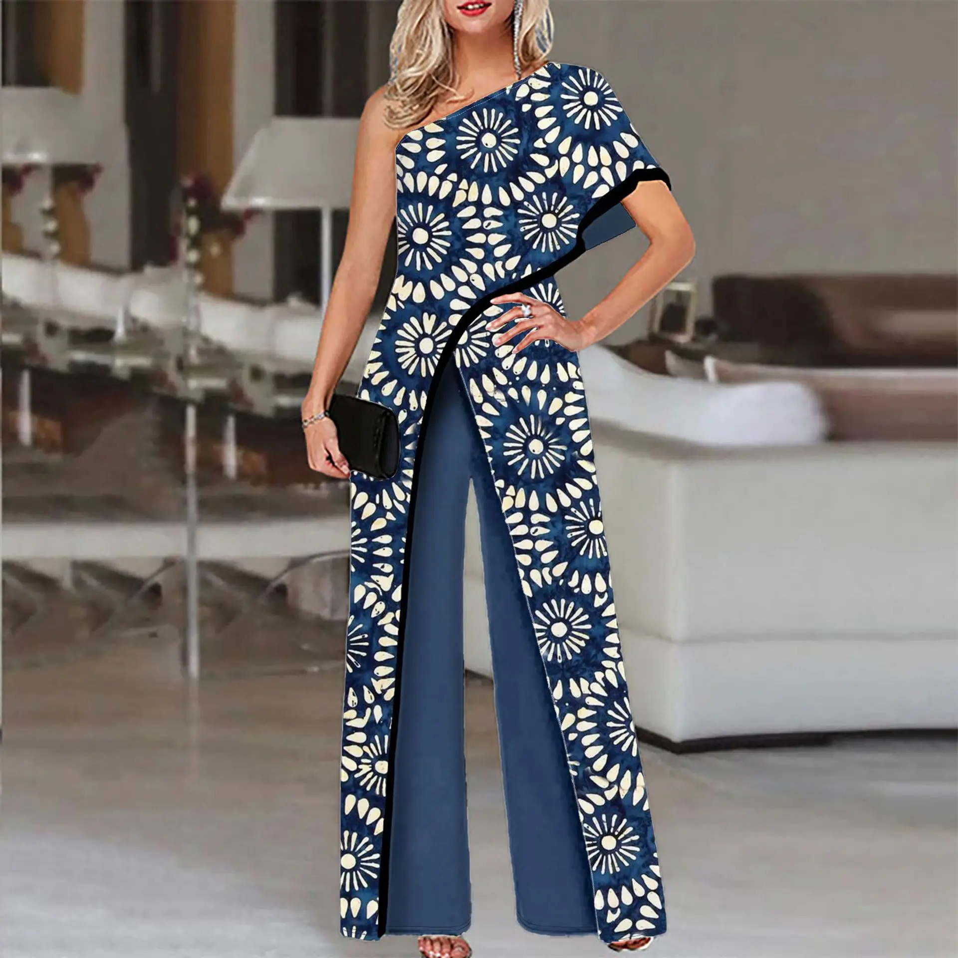 Women Jumpsuit One Shoulder Casual Overalls Streetwear 3D printing pattern Wide Leg Jumpsuits Elegant Lady Party Romper Clubwear