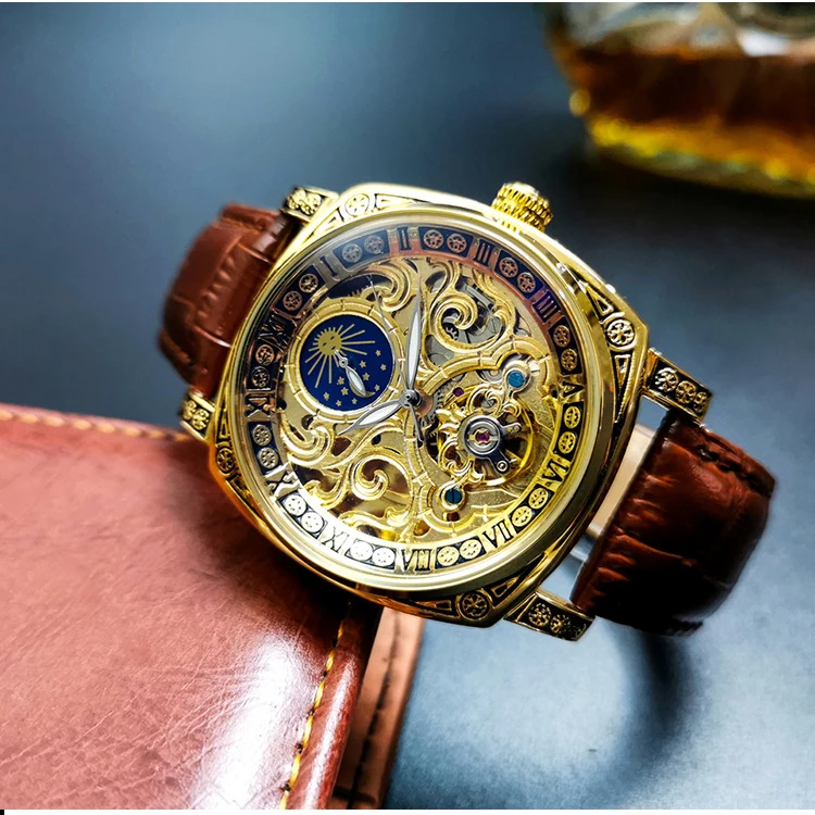 Vintage Square Tourbillon Mechanical Watches Luminous Hands Leather Strap Business Skeleton Automatic Mens Watch_voghion.com
