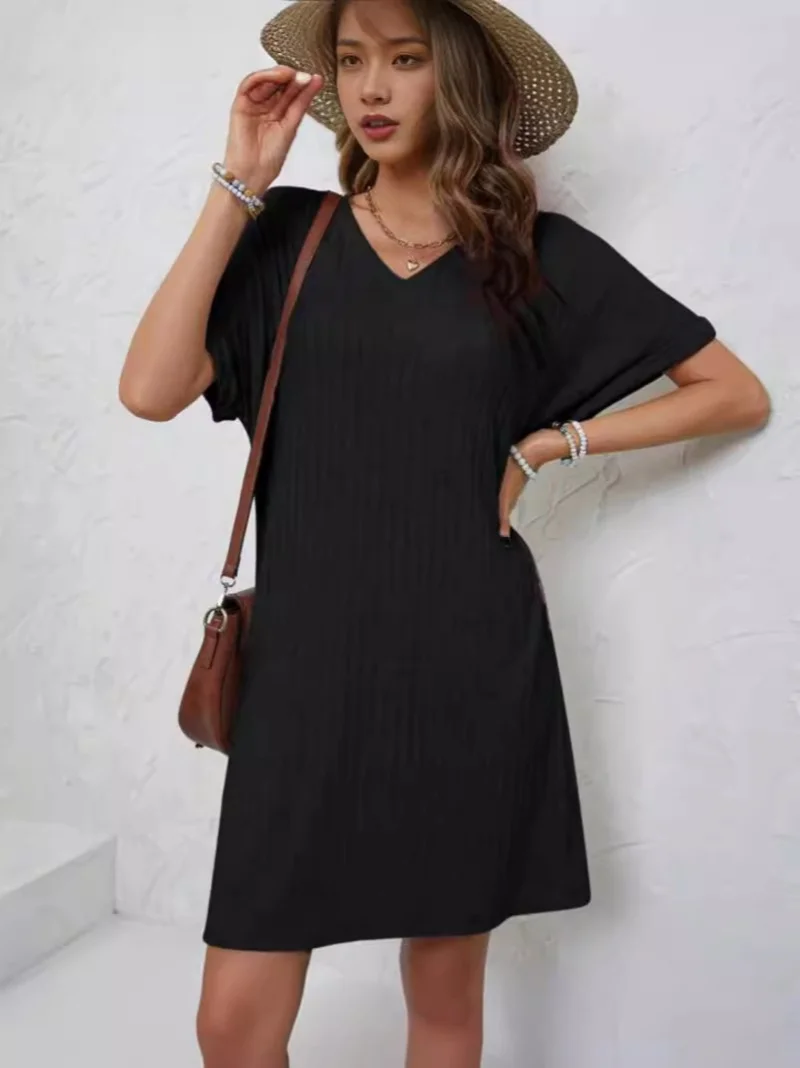 

2024 New Arrival Womens Express Spring Summer Elegant Fashion V-Neck Ribbed Pit Stripe Loose Short Sleeve Dress Hot Sale Dresses