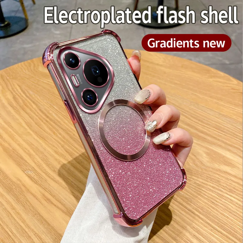 Coque de téléphone à anneau magnétique transparente antichoc pour Huawei Pura 70 Ultra P70 P60 P50 P40 P30 Pro Mate 60 50 40 Pro Plus Glitter Cover_voghion.com