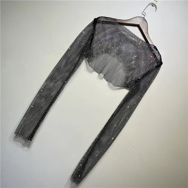 Sparkly Crystal Crop Tops For Women Fishnet Hollow Out See Through Cropped Coat Evening Night Club Luxury Top Party Wear