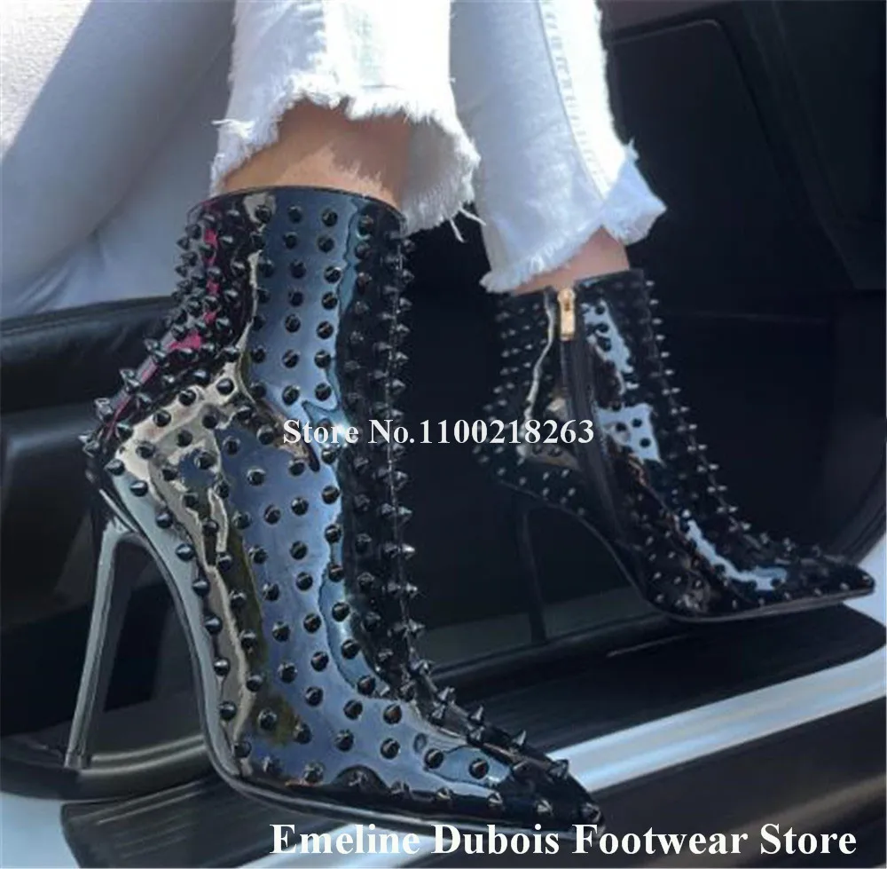 Sexy Rivets Short Boots Emeline Dubois Pointed Toe Pink Red White Studs Stiletto Heel Ankle Heels Party High Heels Boots