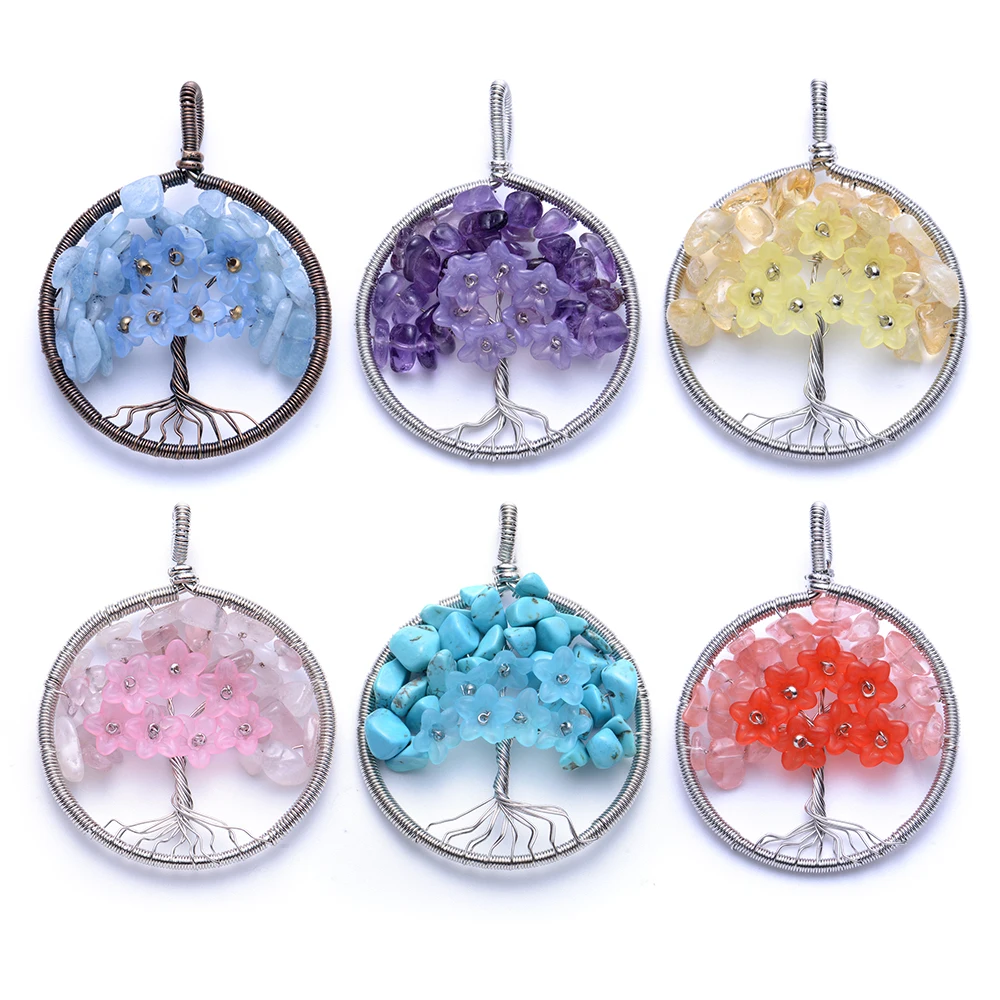 

Tree of Life Pendant Necklace Natural Amethyst Stone Silver Color Wire Wrap Rose Quartz Crystal Chip Bead Flower Reiki Jewelry