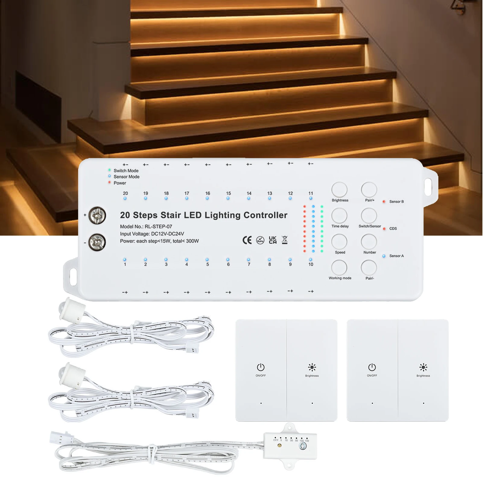 Controller Per Scale A 20 Gradini 2 Sensore Di Movimento Pir 2 Interruttore A Pannello Wireless Led Strip Dimmer Controller Per Luci Per Scale Interne