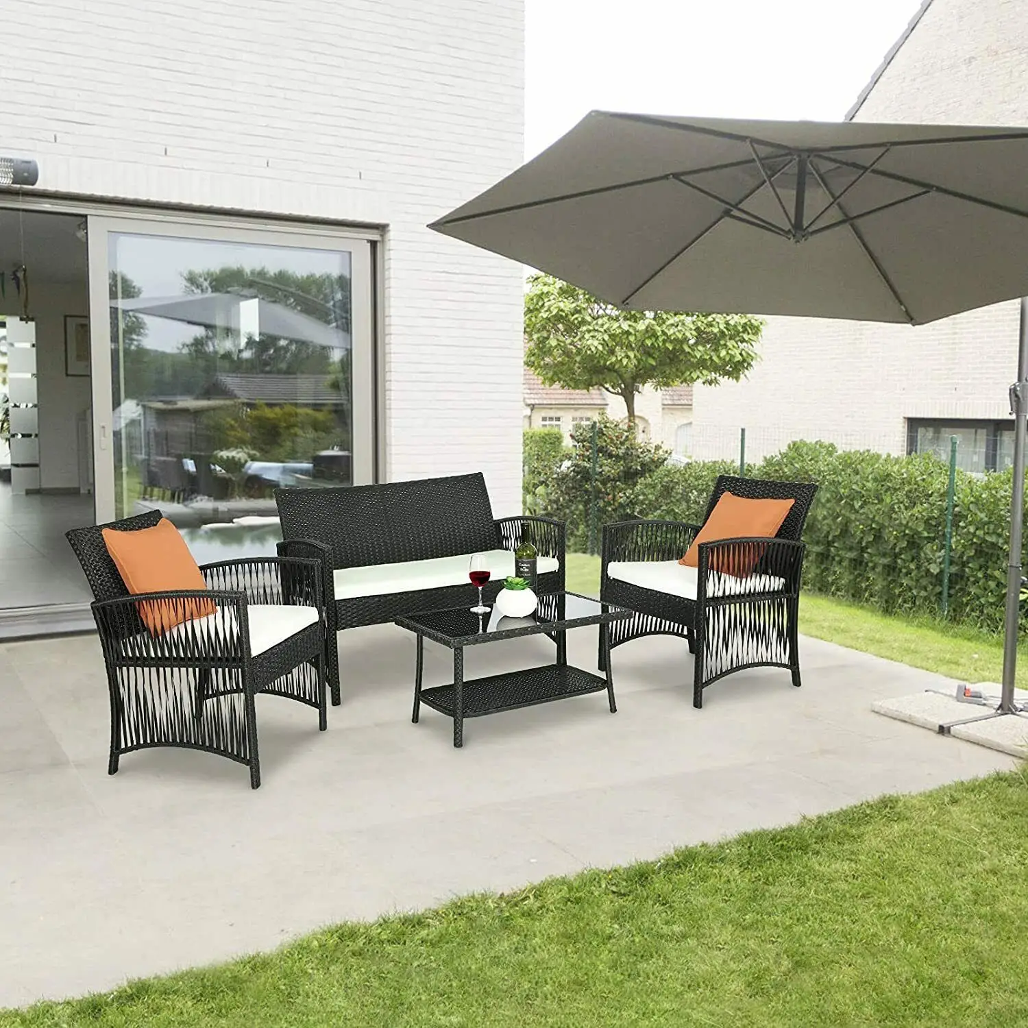 Rattan Garden Furniture Outdoor 4pcs Patio Sofa Set Chairs Table W/Beige Cushion  Modern Patio Furniture