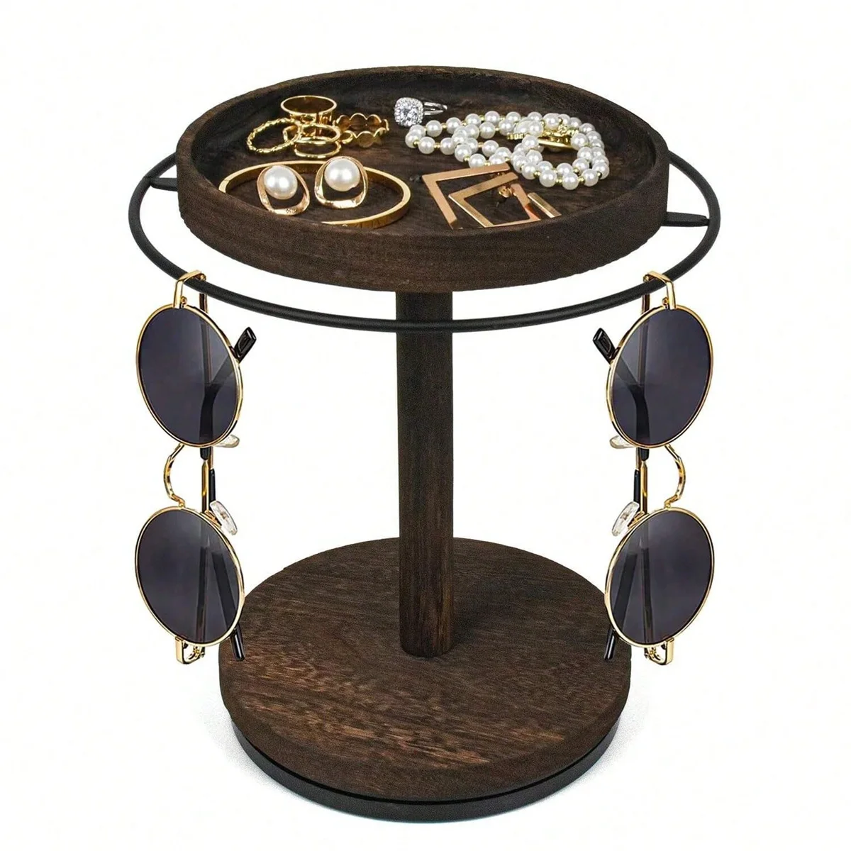 Rotating Wooden Sunglasses Organizer with Tray and Display Stand